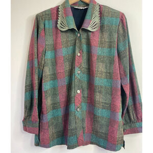 Vintage 80s Twee Embroidered Lace Collar Plaid Secretary Blouse Size M Atsy